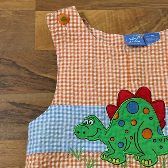 Vintage Dinosaur Orange Gingham Shorts Romper Jumper Checkered Baby Crew 24 M - Picture 10 of 13